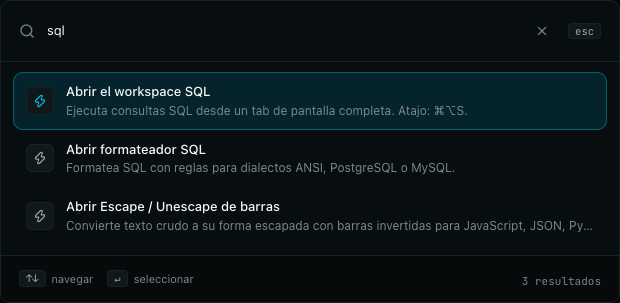 Paleta de comandos filtrada con la consulta sql, mostrando el workspace SQL, la herramienta de escape y el formateador SQL
