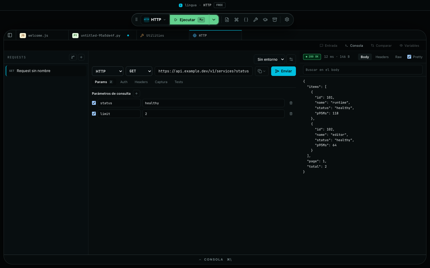Workspace HTTP mostrando una request GET con query params y una respuesta JSON 200 OK formateada