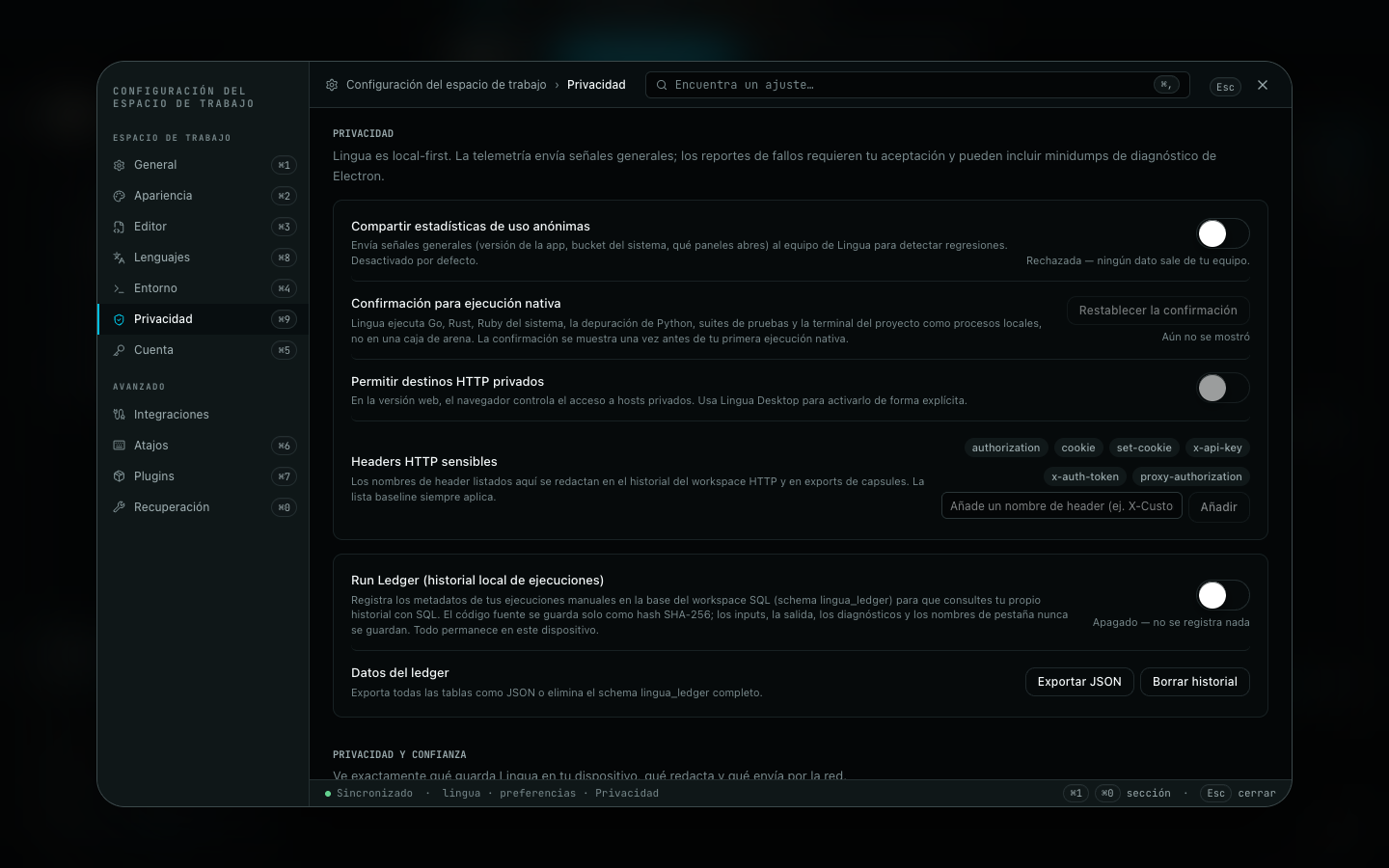 Página de privacidad en Settings: analítica anónima apagada, Run Ledger apagado, lista de headers HTTP sensibles y vista previa de redacción