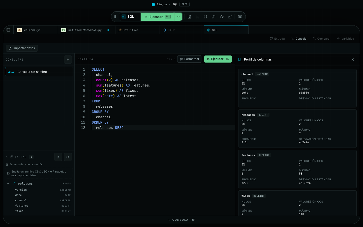 Workspace SQL con una tabla releases importada en el explorador de esquema, una query de agregación formateada y el panel de perfil de columnas de su resultado