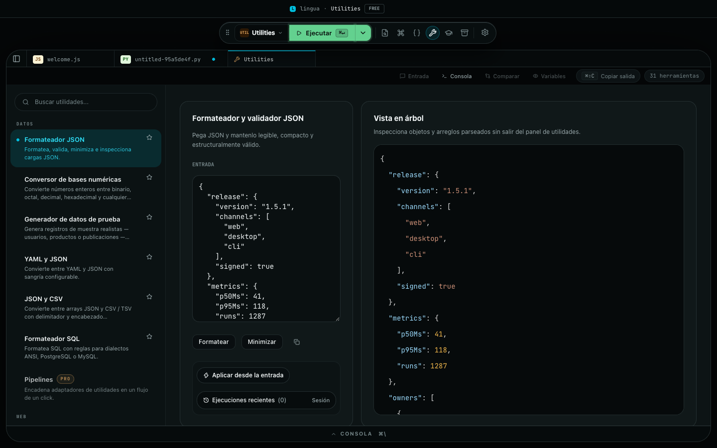 Workspace de utilidades developer con el formateador JSON activo: panel de entrada, controles de formato y vista de árbol