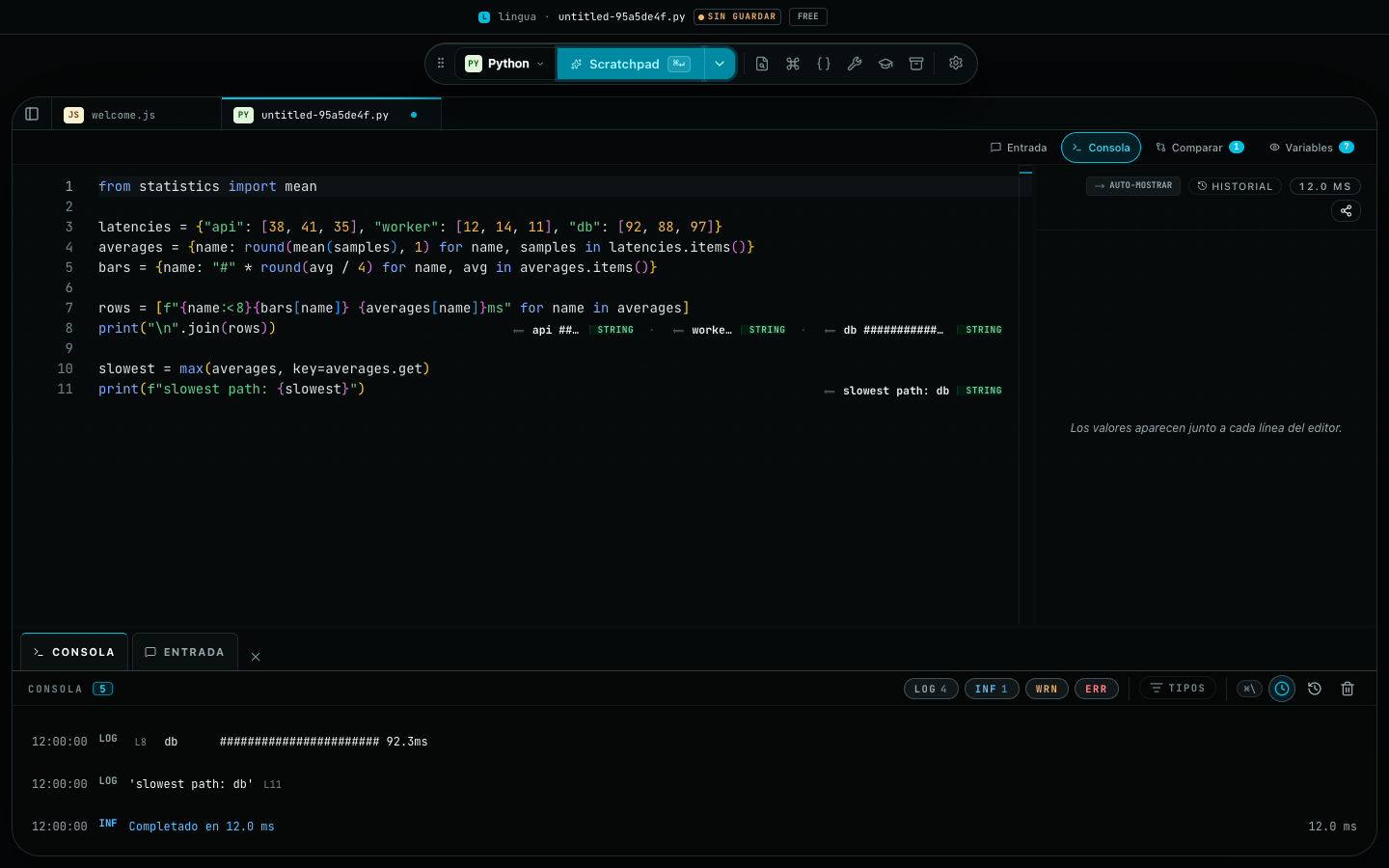 Workspace de Lingua corriendo un script Python: valores inline junto a cada statement y stdout real en el panel de consola