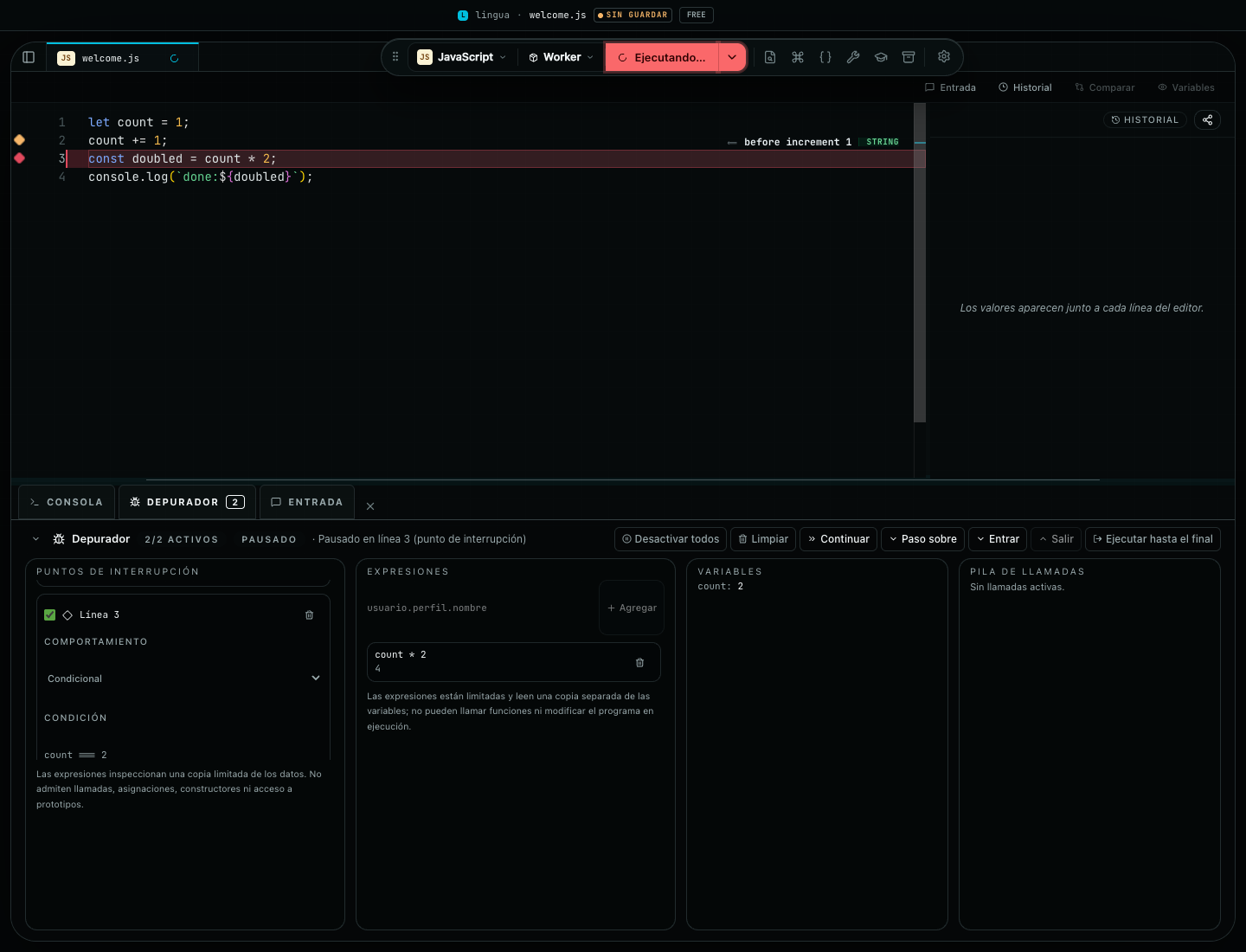 Depurador JavaScript de Lingua pausado en un punto de interrupción condicional, con logpoint, expresión observada, variables y controles de avance
