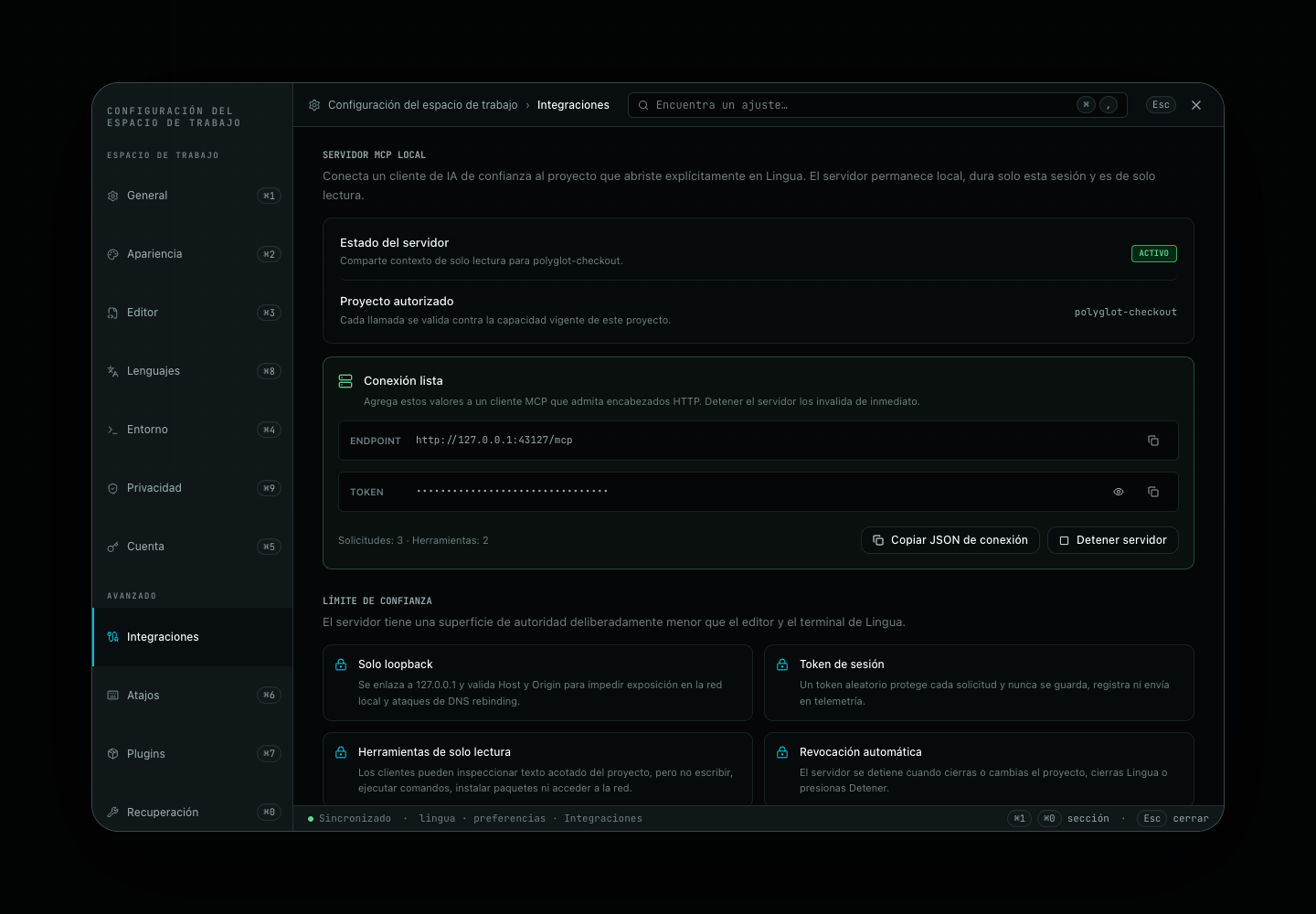 Configuración MCP local de Lingua con endpoint loopback activo, token de sesión oculto, proyecto autorizado y cuatro garantías del límite de confianza