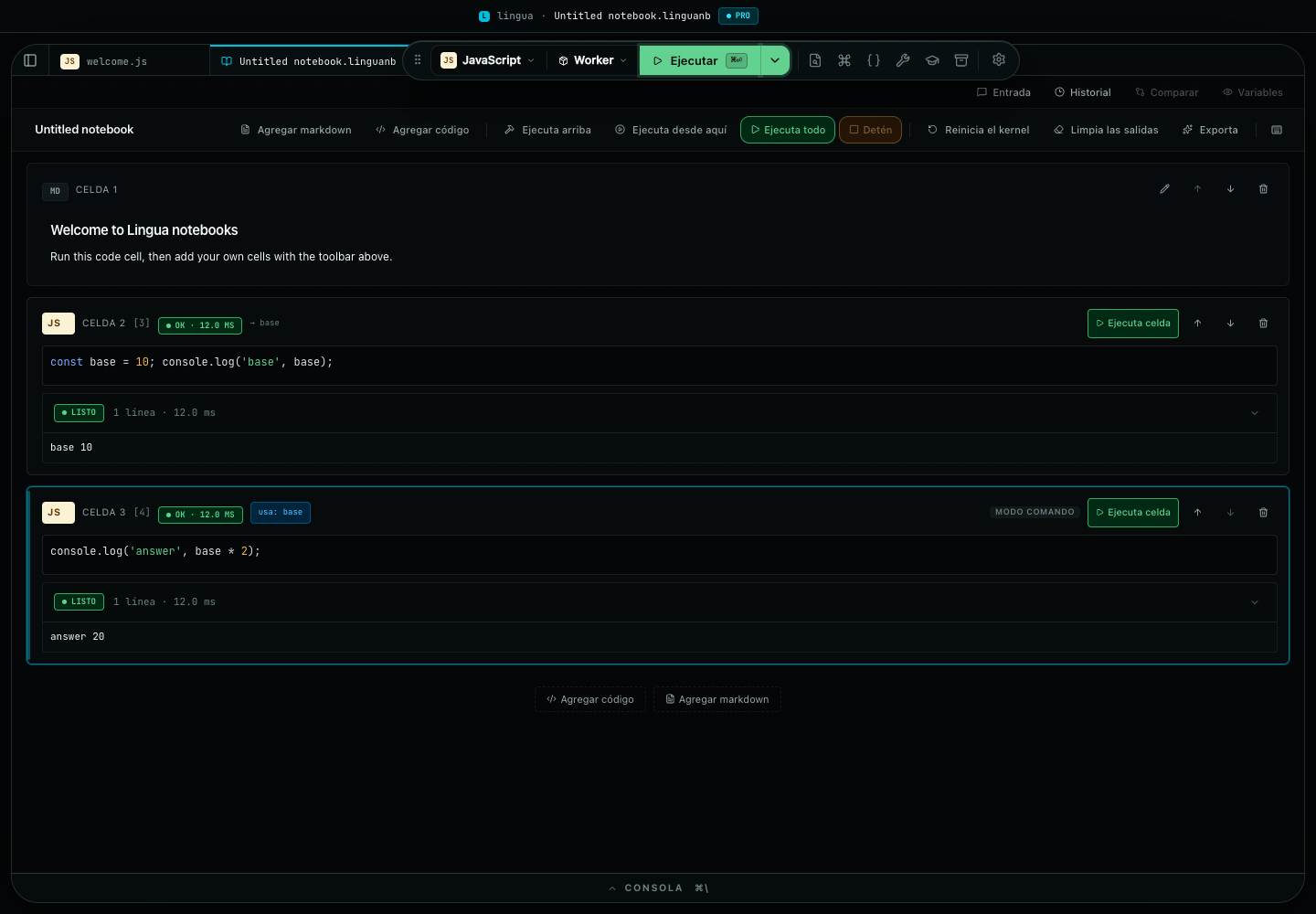 Notebook de Lingua después de actualizar celdas JavaScript dependientes, con código, estado de ejecución, marcador de dependencia y resultados renovados