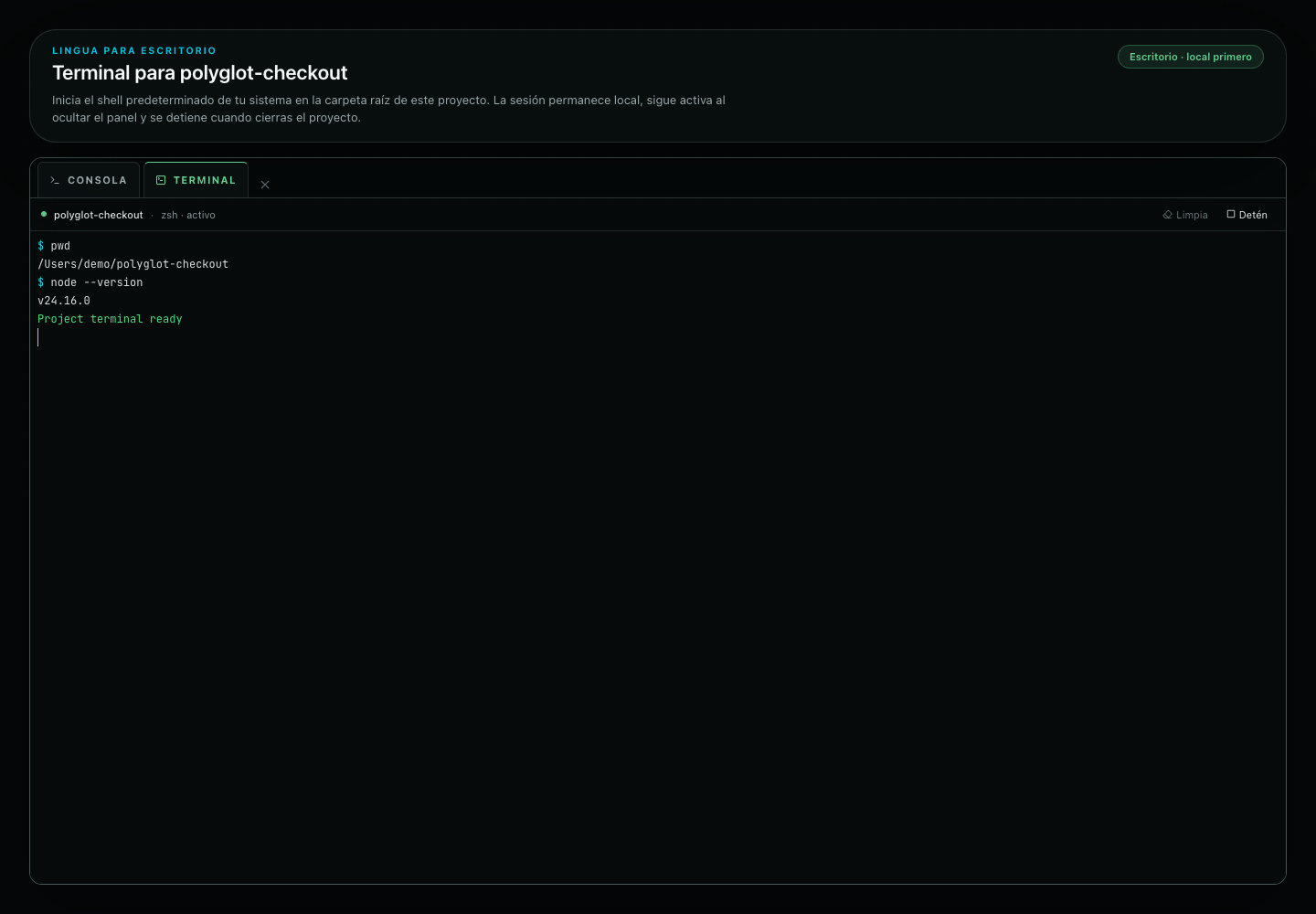 Terminal de proyecto de Lingua ejecutando pwd y node --version dentro del proyecto sintético polyglot-checkout