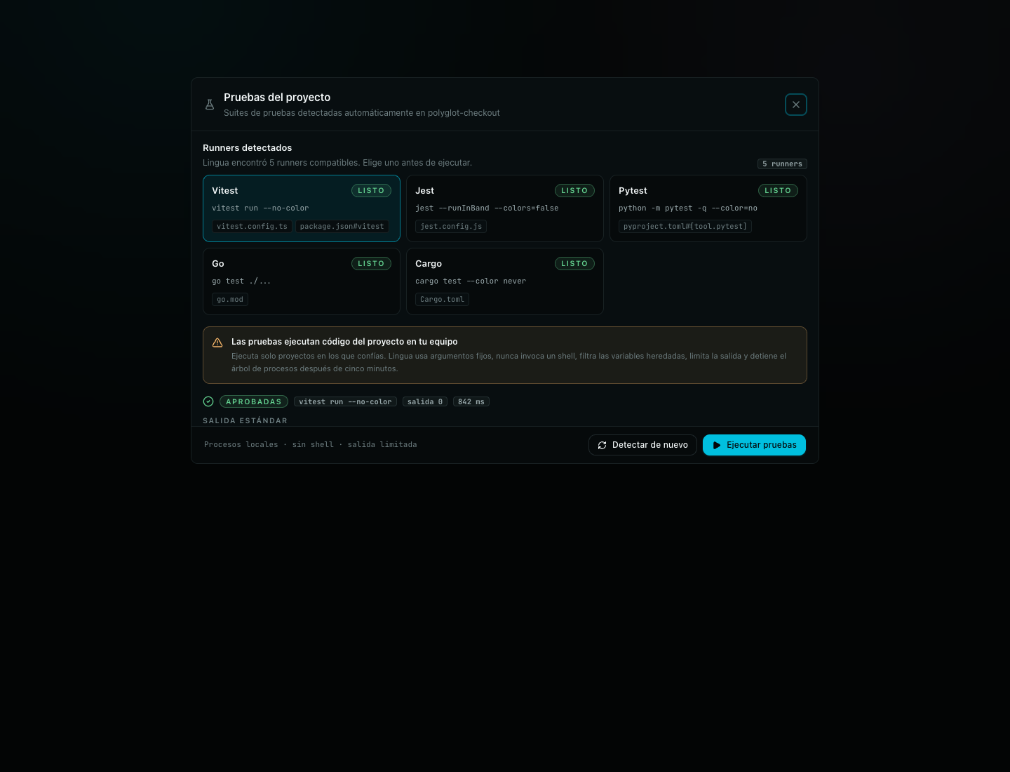 Runner de pruebas de Lingua con suites Vitest, Jest, Pytest, Go y Cargo detectadas, más una ejecución acotada exitosa